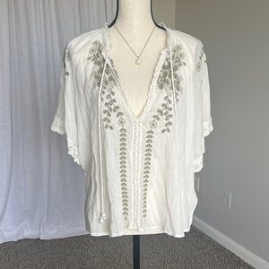 Free People Ivory Embroidered Boho Blouse Deep V Gauze Cotton Top Size M